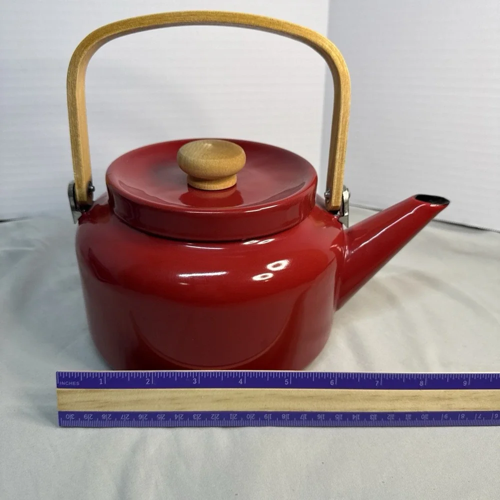 Vintage Mid-Century Modern Red Enamel Stovetop Tea Kettle